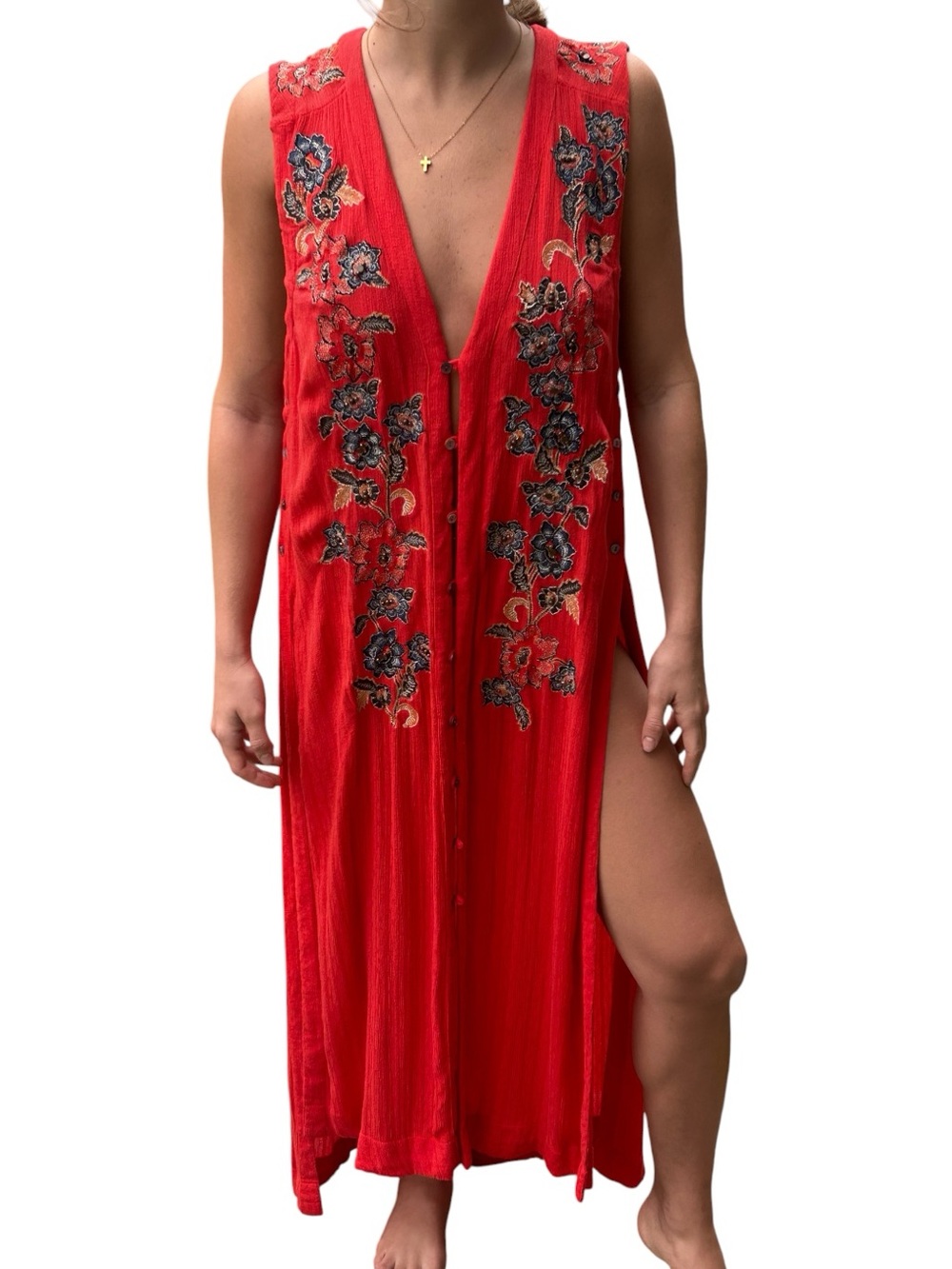 Free People Embroidered Rayon Maxi Dress Duster Sleeveless Red Button Front S